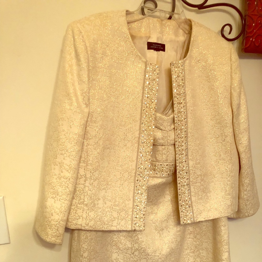 Formal jacket dress with gold/sequenced trim